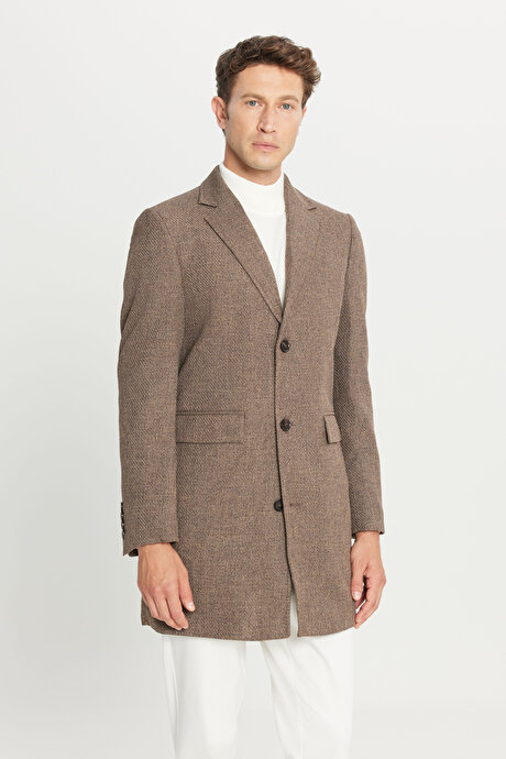 Standart Fit Normal Kesim Mono Yaka Armürlü Kapak Cepli Kahverengi Palto resmi