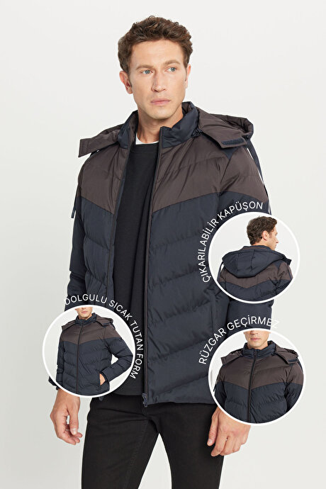 Standart Fit Normal Kesim Dik Yaka Kapüşonlu Yan Cepli Lacivert-Kahverengi Kaban resmi