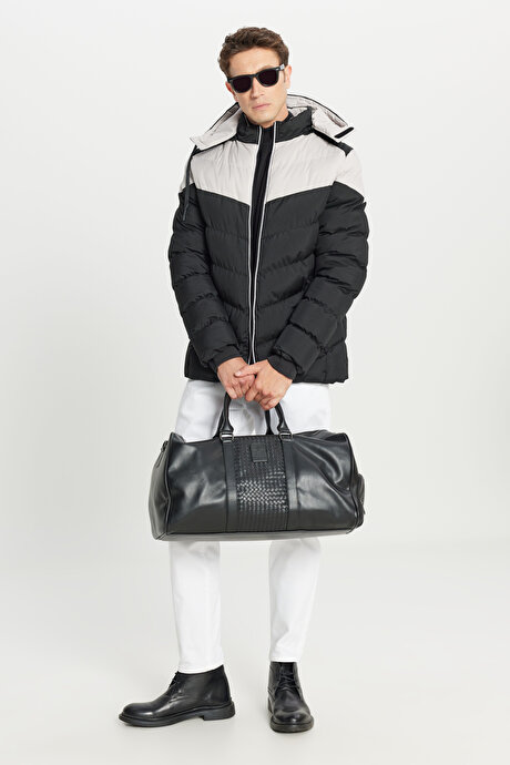 Standart Fit Normal Kesim Dik Yaka Kapüşonlu Yan Cepli Siyah-Bej KabanETE007261049SIB