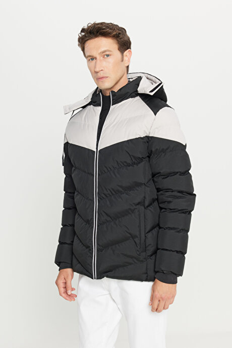 Standart Fit Normal Kesim Dik Yaka Kapüşonlu Yan Cepli Siyah-Bej KabanETE007261049SIB