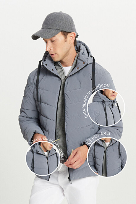 Standart Fit Normal Kesim Dik Yaka Kapüşonlu Yan Cepli Gri Kaban resmi