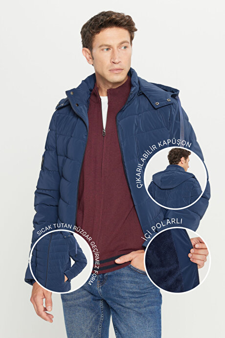 Standart Fit Normal Kesim Dik Yaka Kapüşonlu Yan Cepli Lacivert Kaban resmi