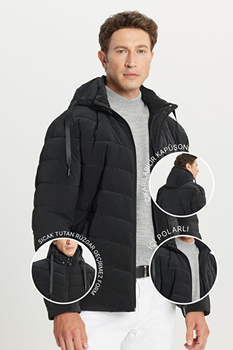 Standart Fit Normal Kesim Dik Yaka Kapüşonlu Yan Cepli Siyah Kaban resmi