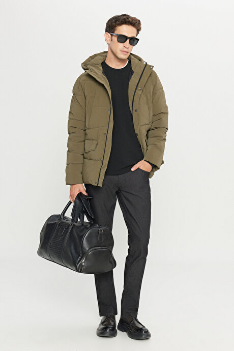 Standart Fit Normal Kesim Dik Yaka Kapüşonlu Kapak Cepil Haki Kaban resmi