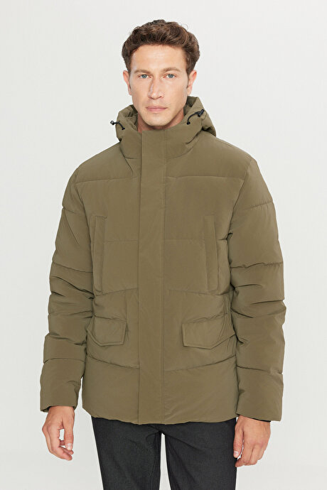 Standart Fit Normal Kesim Dik Yaka Kapüşonlu Kapak Cepil Haki Kaban resmi