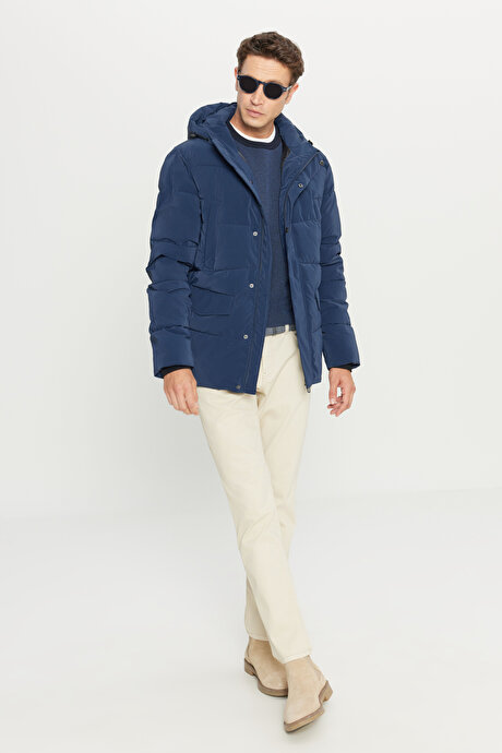 Standart Fit Normal Kesim Dik Yaka Kapüşonlu Kapak Cepil İndigo Kaban resmi