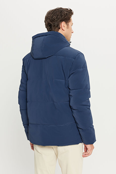 Standart Fit Normal Kesim Dik Yaka Kapüşonlu Kapak Cepil İndigo Kaban resmi