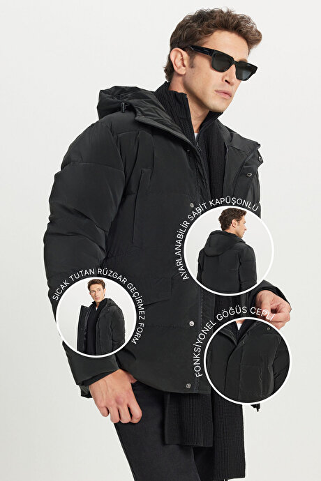 Standart Fit Normal Kesim Dik Yaka Kapüşonlu Kapak Cepil Siyah Kaban resmi