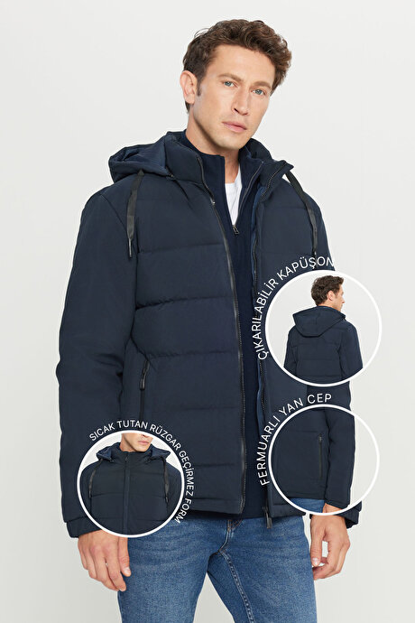 Standart Fit Normal Kesim Dik Yaka Kapüşonlu Yan Cepli Casual Lacivert Mont resmi