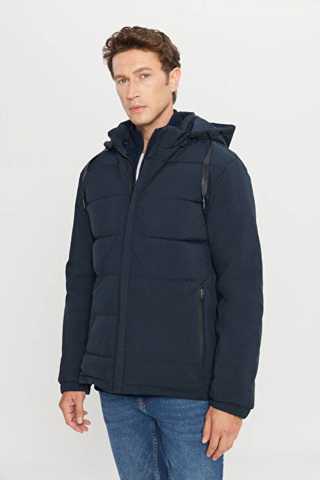 Standart Fit Normal Kesim Dik Yaka Kapüşonlu Yan Cepli Casual Lacivert Mont resmi