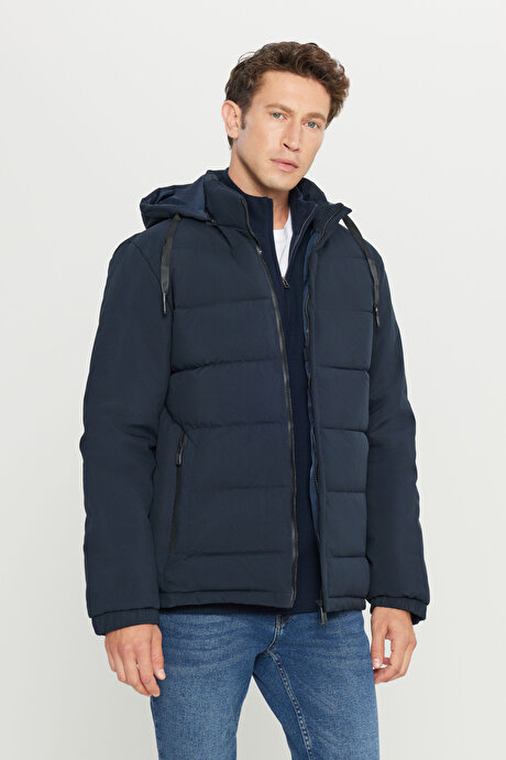 Standart Fit Normal Kesim Dik Yaka Kapüşonlu Yan Cepli Casual Lacivert Mont resmi