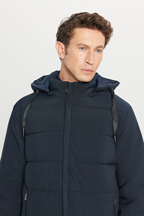 Standart Fit Normal Kesim Dik Yaka Kapüşonlu Yan Cepli Casual Lacivert Mont resmi