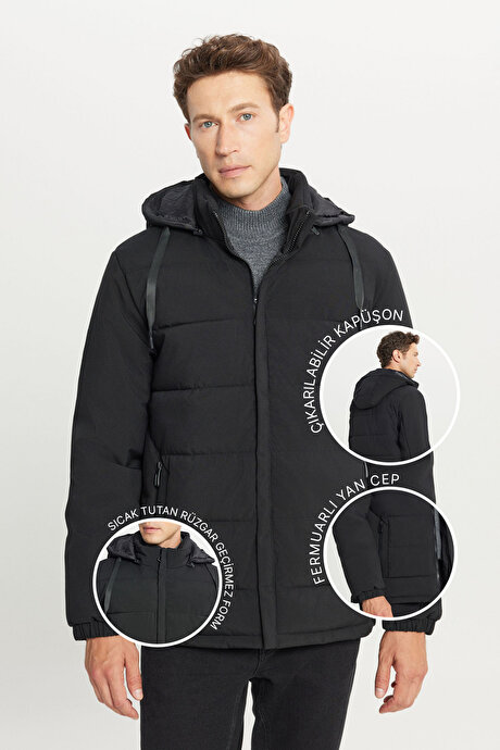 Standart Fit Normal Kesim Dik Yaka Kapüşonlu Yan Cepli Casual Siyah Mont resmi