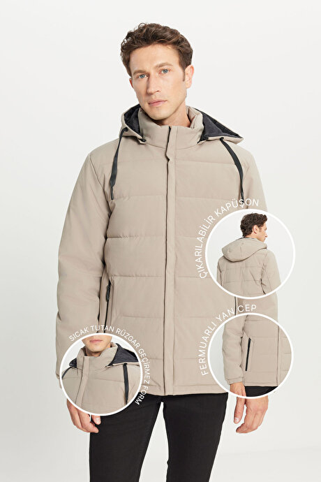 Standart Fit Normal Kesim Dik Yaka Kapüşonlu Yan Cepli Casual Vizon Mont resmi