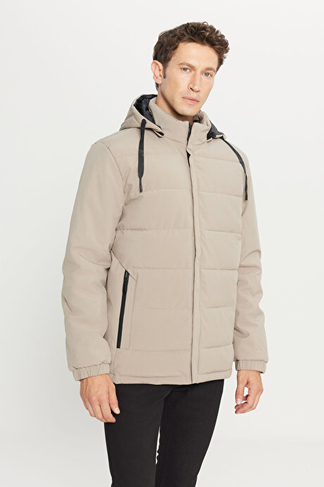 Standart Fit Normal Kesim Dik Yaka Kapüşonlu Yan Cepli Casual Vizon Mont resmi