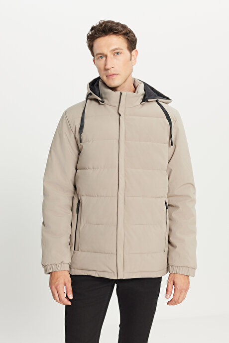 Standart Fit Normal Kesim Dik Yaka Kapüşonlu Yan Cepli Casual Vizon Mont resmi