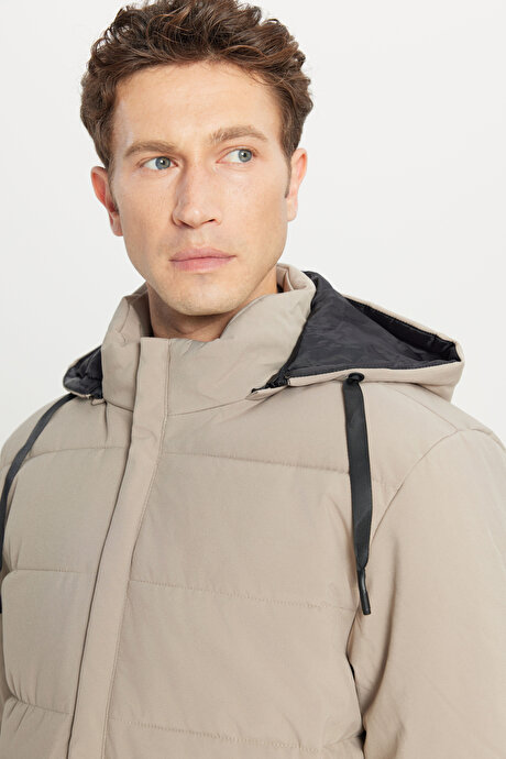 Standart Fit Normal Kesim Dik Yaka Kapüşonlu Yan Cepli Casual Vizon Mont resmi