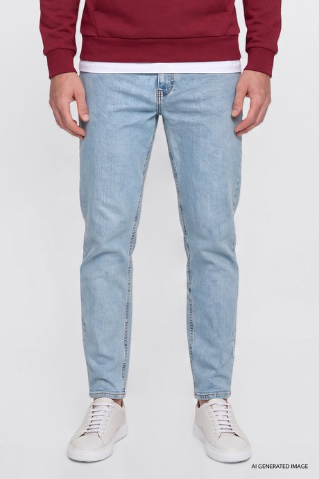Pamuklu Tapered Fit 5 Cepli Esnek Jean Kot Denim Açık Mavi Denim Pantolon resmi