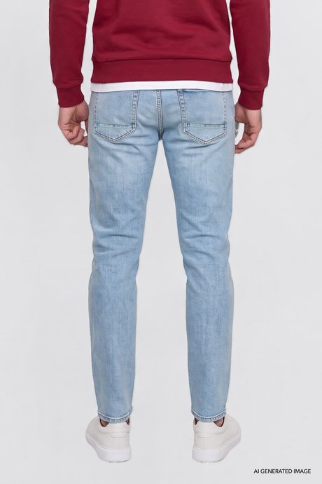 Pamuklu Tapered Fit 5 Cepli Esnek Jean Kot Denim Açık Mavi Denim Pantolon resmi
