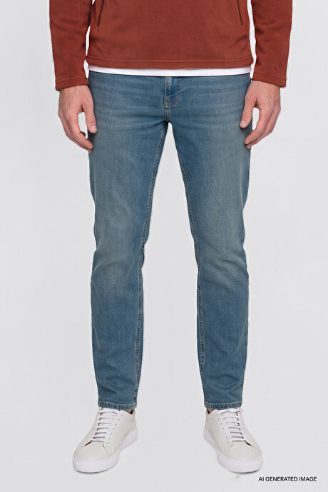 Pamuklu Tapered Fit 5 Cepli Esnek Jean Kot Denim Petrol Mavisi Denim Pantolon resmi