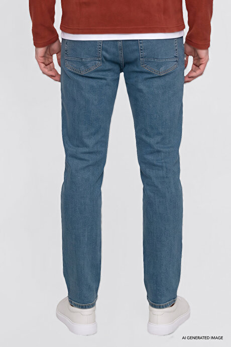 Pamuklu Tapered Fit 5 Cepli Esnek Jean Kot Denim Petrol Mavisi Denim Pantolon resmi
