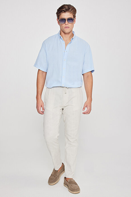 %100 Pamuk Comfort Fit Rahat Kesim Düğmeli Gömlek Yaka Armürlü Açık Mavi Gömlek resmi