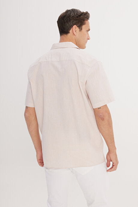 Pamuklu Keten Oversize Fit Bol Kesim Hawai Yaka Bej Gömlek resmi