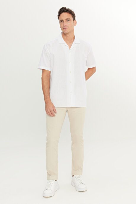 Pamuklu Keten Oversize Fit Bol Kesim Hawai Yaka Ekru Gömlek resmi