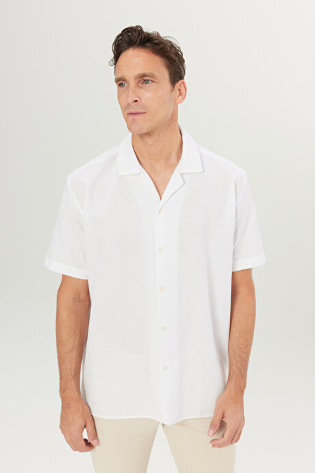 Pamuklu Keten Oversize Fit Bol Kesim Hawai Yaka Ekru Gömlek resmi
