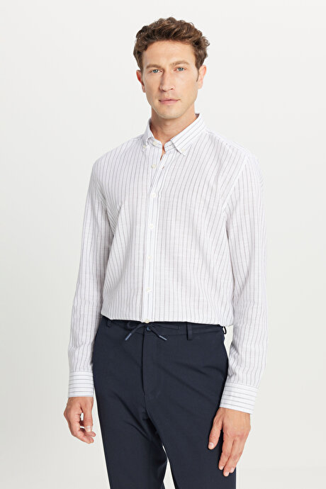 %100 Pamuk Slim Fit Dar Kesim Düğmeli Yaka Armürlü Gri Gömlek resmi