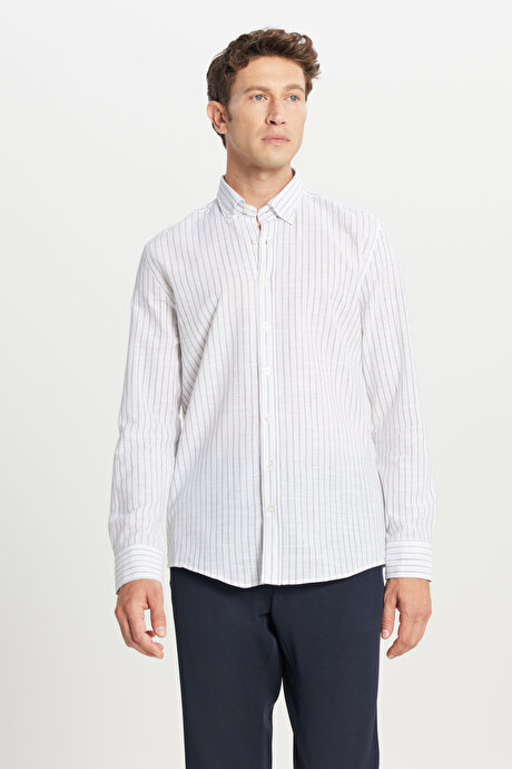 %100 Pamuk Slim Fit Dar Kesim Düğmeli Yaka Armürlü Gri Gömlek resmi