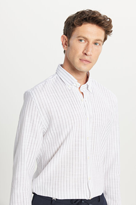 %100 Pamuk Slim Fit Dar Kesim Düğmeli Yaka Armürlü Gri Gömlek resmi