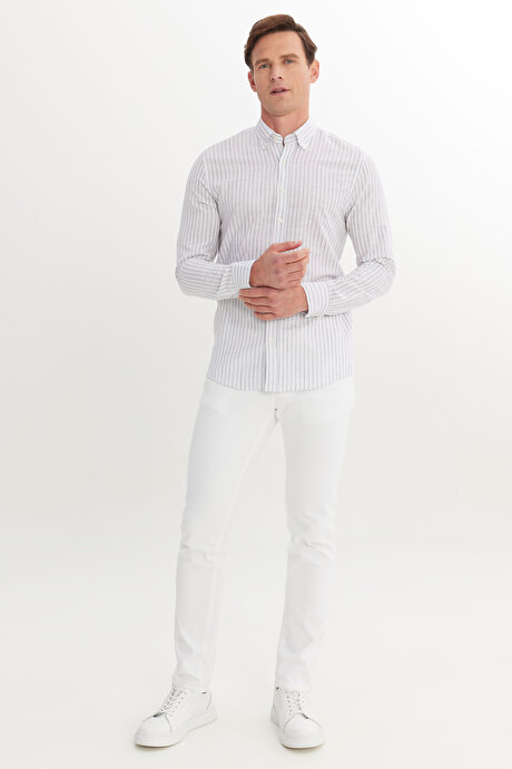 %100 Pamuk Slim Fit Dar Kesim Düğmeli Gömlek Yaka Armürlü Gri Gömlek resmi