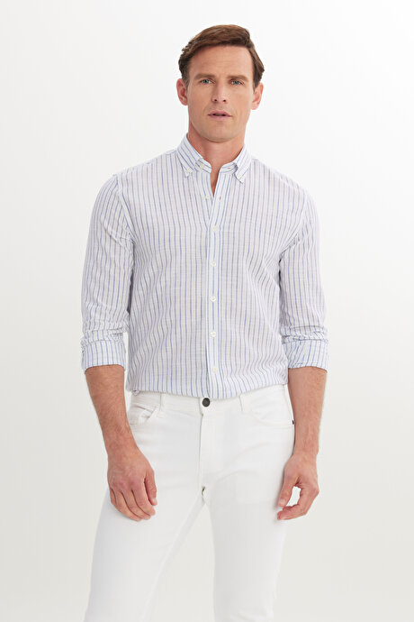 %100 Pamuk Slim Fit Dar Kesim Düğmeli Gömlek Yaka Armürlü Lacivert Gömlek resmi