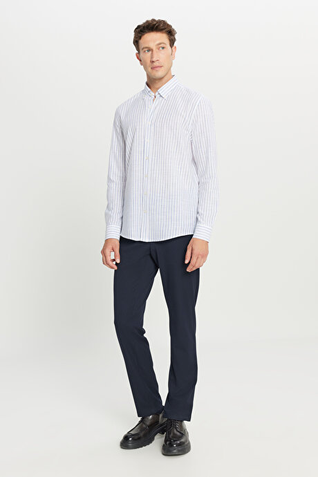 %100 Pamuk Slim Fit Dar Kesim Düğmeli Yaka Armürlü Lacivert Gömlek resmi