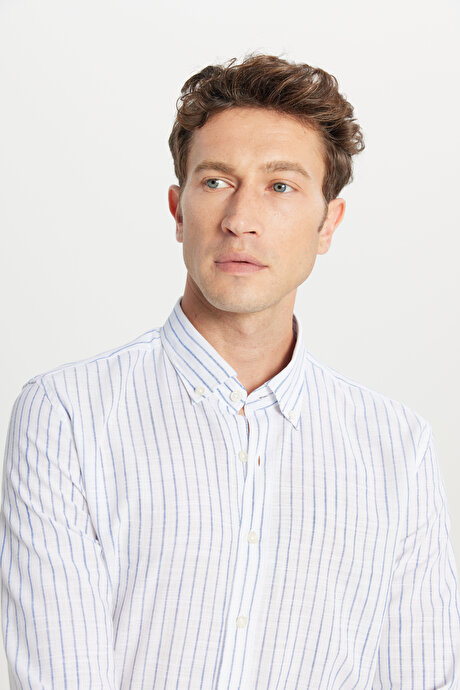 %100 Pamuk Slim Fit Dar Kesim Düğmeli Yaka Armürlü Lacivert Gömlek resmi