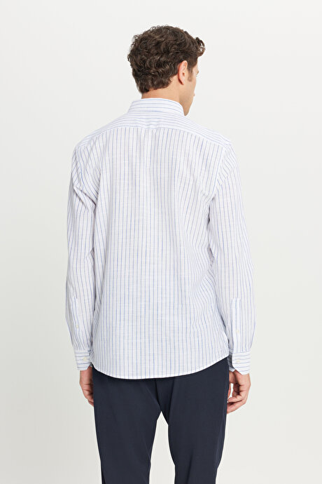 %100 Pamuk Slim Fit Dar Kesim Düğmeli Yaka Armürlü Lacivert Gömlek resmi