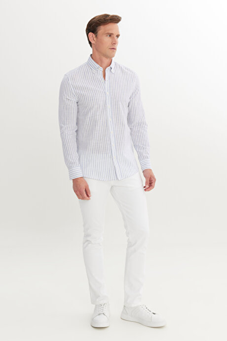 %100 Pamuk Slim Fit Dar Kesim Düğmeli Gömlek Yaka Armürlü Lacivert Gömlek resmi