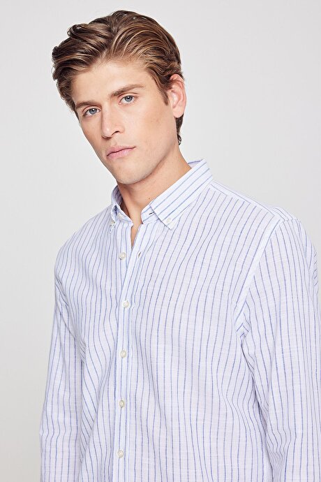 %100 Pamuk Slim Fit Dar Kesim Düğmeli Yaka Armürlü Lacivert Gömlek resmi