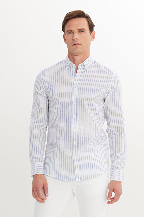 %100 Pamuk Slim Fit Dar Kesim Düğmeli Gömlek Yaka Armürlü Lacivert Gömlek resmi