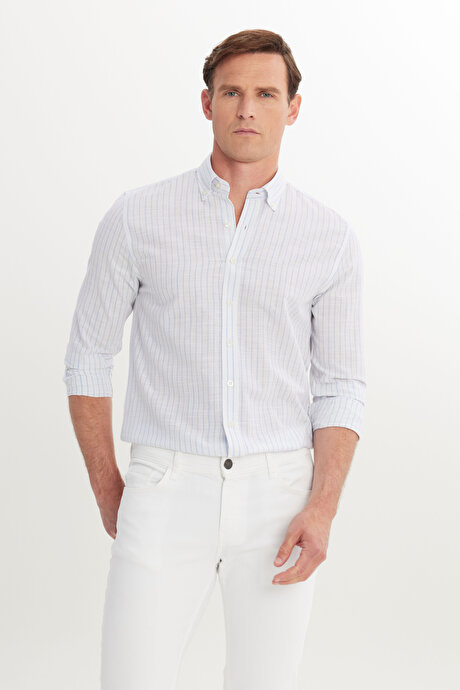 %100 Pamuk Slim Fit Dar Kesim Düğmeli Gömlek Yaka Armürlü Mavi Gömlek resmi