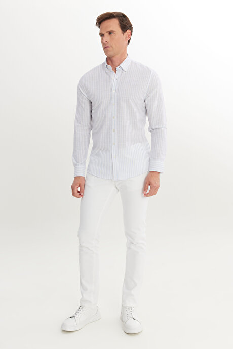 %100 Pamuk Slim Fit Dar Kesim Düğmeli Gömlek Yaka Armürlü Mavi Gömlek resmi