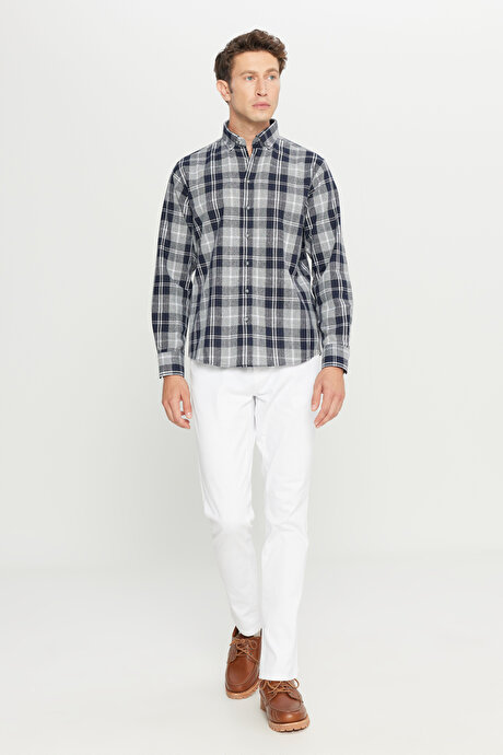 Comfort Fit Rahat Kesim Düğmeli Yaka Ekose Desenli Oduncu Siyah Gömlek resmi