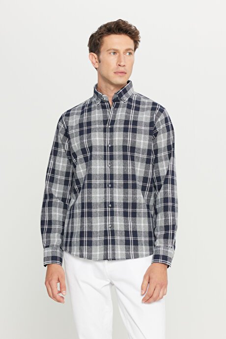 Comfort Fit Rahat Kesim Düğmeli Yaka Ekose Desenli Oduncu Siyah Gömlek resmi