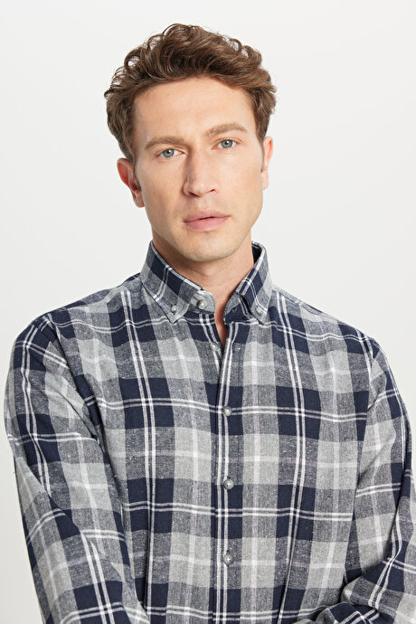 Comfort Fit Rahat Kesim Düğmeli Yaka Ekose Desenli Oduncu Siyah Gömlek resmi