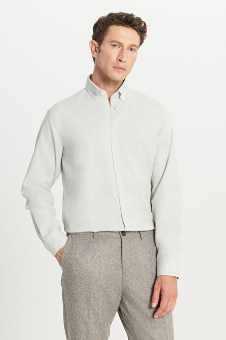 %100 Pamuk Comfort Fit Rahat Kesim Düğmeli Yaka Flanel Gri GömlekETE020261559GRI