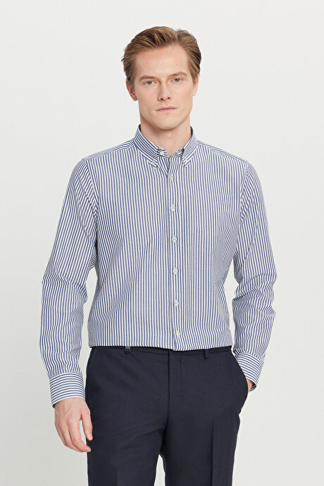 Pamuklu Tailored Slim Fit Dar Kesim Düğmeli Gömlek Yaka Çizgili Beyaz-Antrasit Gömlek resmi