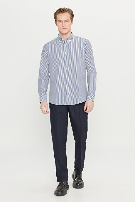 Pamuklu Tailored Slim Fit Dar Kesim Düğmeli Gömlek Yaka Çizgili Beyaz-Antrasit Gömlek resmi