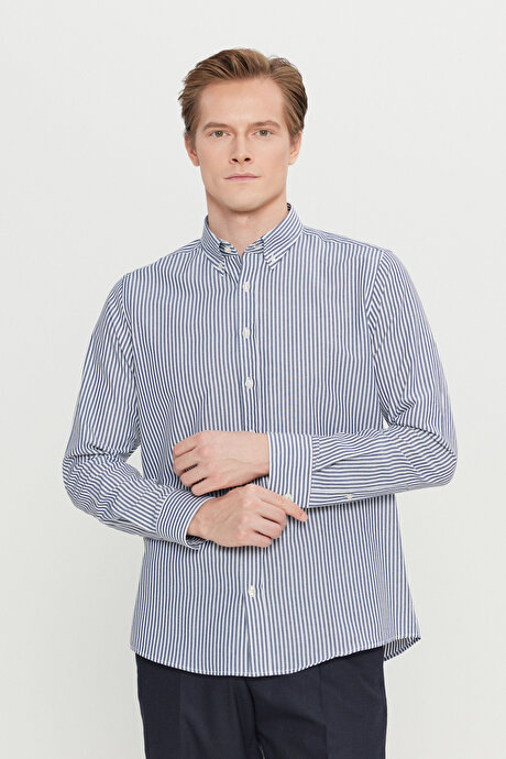 Pamuklu Tailored Slim Fit Dar Kesim Düğmeli Gömlek Yaka Çizgili Beyaz-Antrasit Gömlek resmi