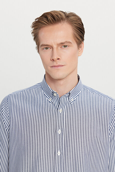 Pamuklu Tailored Slim Fit Dar Kesim Düğmeli Gömlek Yaka Çizgili Beyaz-Antrasit Gömlek resmi